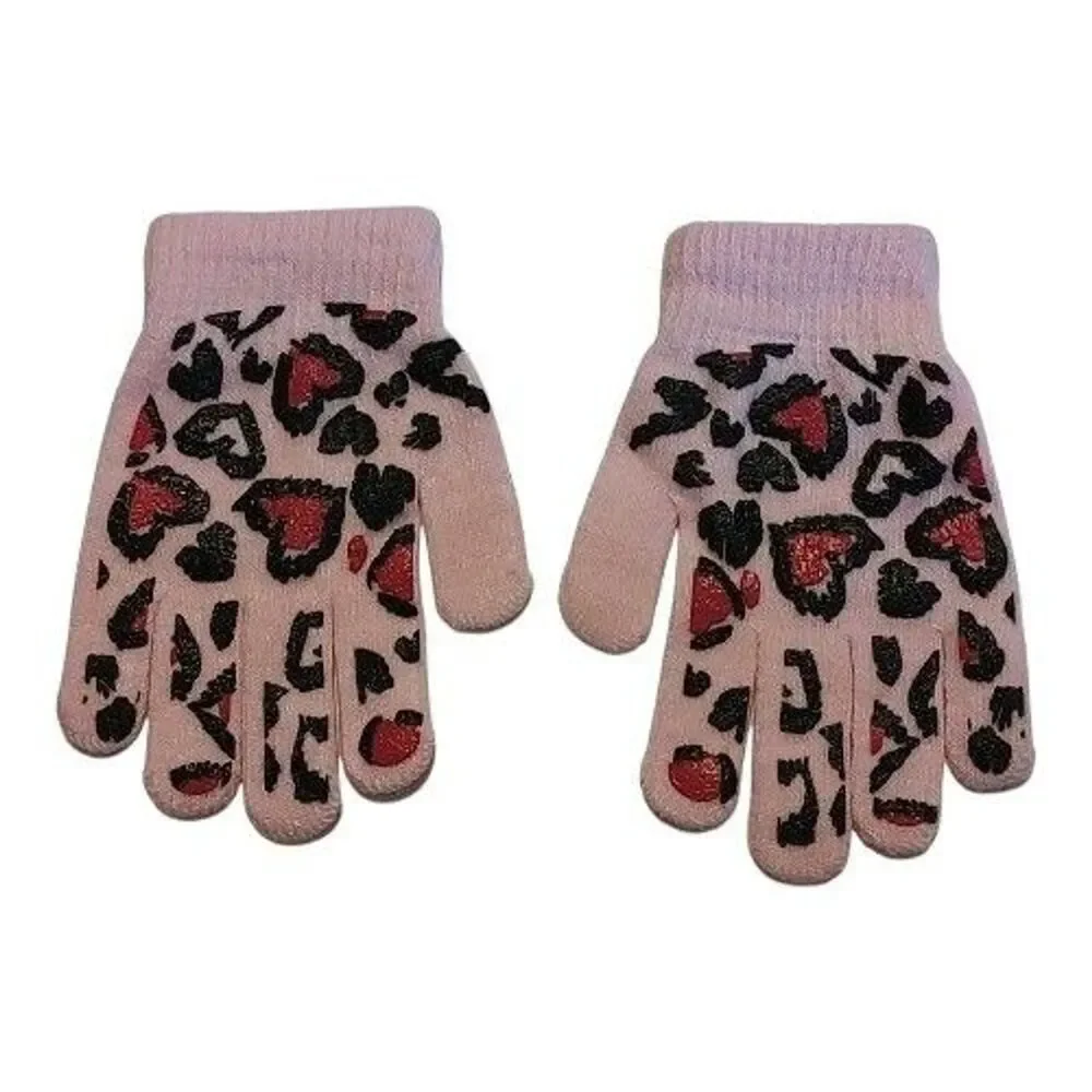 Toddler Kid Girls Pink Leopard Heart Print Knit Gloves Winter Warm Soft Stretch